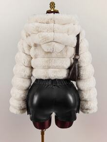 SHEIN ICON Casual Sexy Short Faux Fur Jacket - Khaki - View 2