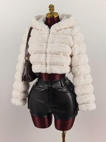 SHEIN ICON Casual Sexy Short Faux Fur Jacket - Khaki - View 6