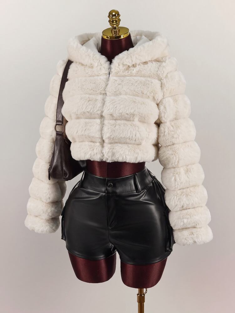 SHEIN ICON 休閒性感短版人造毛皮夾克 - 卡其色 - 查看 6