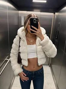 SHEIN ICON Casual Sexy Short Faux Fur Jacket - Khaki - View 1