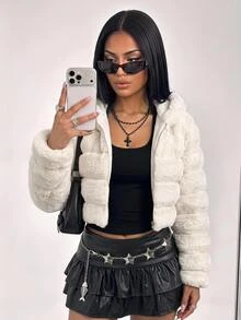 SHEIN ICON Casual Sexy Short Faux Fur Jacket - Khaki - View 13