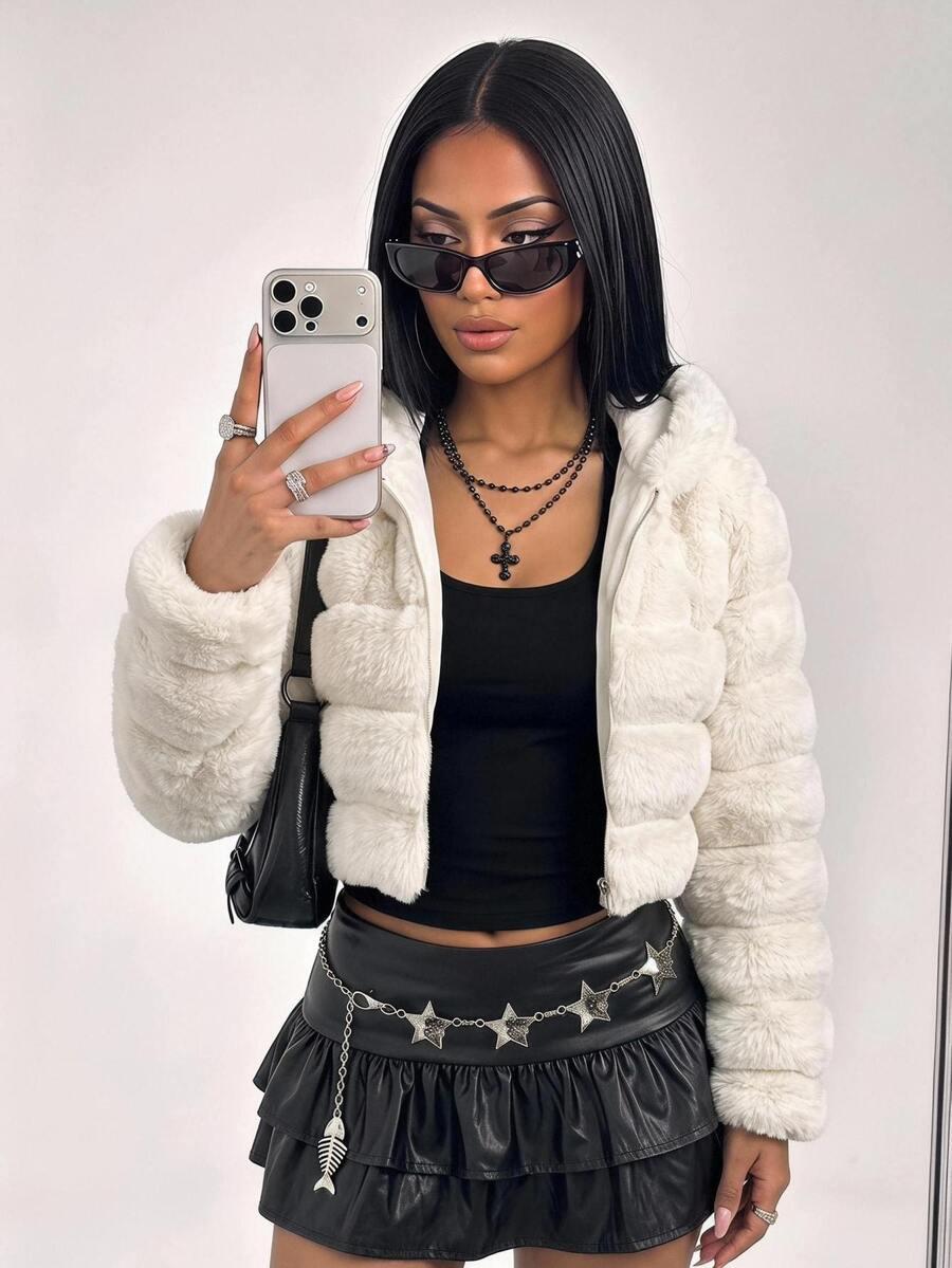 SHEIN ICON 休閒性感短版人造毛皮夾克 - 卡其色 - 查看 1