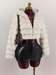 SHEIN ICON Casual Sexy Short Faux Fur Jacket - Khaki - View 10