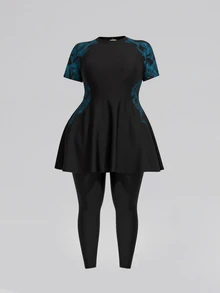 SHEIN Swim 大尺碼女款泳衣海灘度假隨機印花與黑色拼接長袖洋裝及及膝長褲兩件式布基尼套裝 - 黑色 - 查看 5