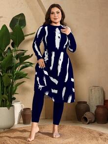 SHEIN Swim 大尺碼女款黑白條紋印花上衣與素色內搭褲兩件式比基尼泳裝 - 彩色 - 查看 5
