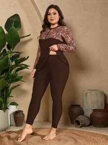 SHEIN Swim Plus Size Women 2-Piece Brown Zipper Front Long Sleeve Rash Guard Pants Swimwear Set Beach Vacation Vacation Summer 1920s 1960s Elegant Gym - Rust Brown - View 6