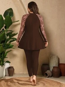 SHEIN Swim Plus Size Women 2-Piece Brown Zipper Front Long Sleeve Rash Guard Pants Swimwear Set Beach Vacation Vacation Summer 1920s 1960s Elegant Gym - Rust Brown - View 3