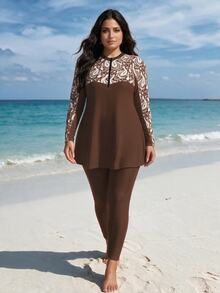 SHEIN Swim Plus Size Women 2-Piece Brown Zipper Front Long Sleeve Rash Guard Pants Swimwear Set Beach Vacation Vacation Summer 1920s 1960s Elegant Gym - Rust Brown - View 9
