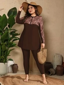 SHEIN Swim Plus Size Women 2-Piece Brown Zipper Front Long Sleeve Rash Guard Pants Swimwear Set Beach Vacation Vacation Summer 1920s 1960s Elegant Gym - Rust Brown - View 2