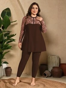 SHEIN Swim Plus Size Women 2-Piece Brown Zipper Front Long Sleeve Rash Guard Pants Swimwear Set Beach Vacation Vacation Summer 1920s 1960s Elegant Gym - Rust Brown - View 5