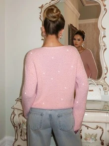 Glamine Charm Women's V-Neck Solid Color Casual Romantic Elegant Daily Long Sleeve Sweater Dinner Everyday Soft Pink Fall Christmas New Year Brunch - Pink - View 2