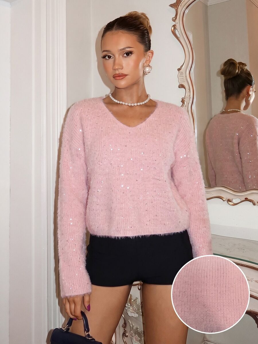 Glamine Charm Women's V-Neck Solid Color Casual Romantic Elegant Daily Long Sleeve Sweater Dinner Everyday Soft Pink Fall Christmas New Year Brunch - Pink - View 1
