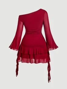 SHEIN MOD Plus Size Women's Solid Slant Shoulder Layered Ruffle Hem Shoulder Dress ,Fall/Winter Christmas - Burgundy - View 3