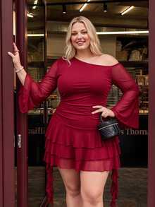 SHEIN MOD Plus Size Women's Solid Slant Shoulder Layered Ruffle Hem Shoulder Dress ,Fall/Winter Christmas - Burgundy - View 6
