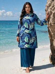 Swim Mulvari Plus Size Women's Leaf Print Long Sleeve Top And Pants Burkini Two-Piece Swimsuit Set Suitable For Summer Vacation Beach Party Navy Blue Teal Tropical - Teal Blue - View 2