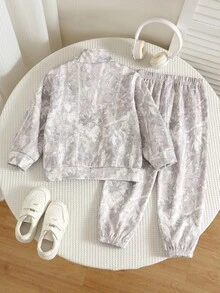 SHEIN 中性嬰兒男孩/女孩幼兒 2件組秋冬加厚抓絨內裡休閒運動風迷彩立領夾克套裝，衛衣套裝，嬰兒冬季服飾，運動服 - 灰色 - 查看 7