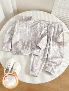 SHEIN 中性嬰兒男孩/女孩幼兒 2件組秋冬加厚抓絨內裡休閒運動風迷彩立領夾克套裝，衛衣套裝，嬰兒冬季服飾，運動服 - 灰色 - 查看 8