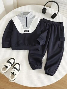SHEIN 兒童男童 2件組休閒套裝－立領套頭連帽衛衣與保暖內裡秋季長褲，Y2K風格，適合假日、幼童男孩、生日、兒童婚禮賓客 - 藏蓝色 - 查看 7