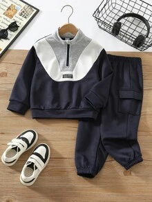 SHEIN 兒童男童 2件組休閒套裝－立領套頭連帽衛衣與保暖內裡秋季長褲，Y2K風格，適合假日、幼童男孩、生日、兒童婚禮賓客 - 藏蓝色 - 查看 5