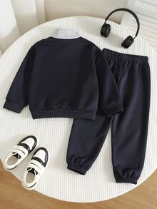 SHEIN 兒童男童 2件組休閒套裝－立領套頭連帽衛衣與保暖內裡秋季長褲，Y2K風格，適合假日、幼童男孩、生日、兒童婚禮賓客 - 藏蓝色 - 查看 4