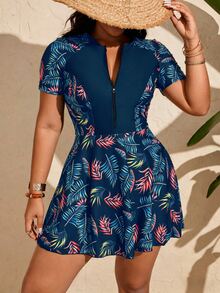 SHEIN Swim Plus Size Women Tree Leaf Print Zipper One-Piece Modest Swimwear Set Beach Navy Blue Summer - Blue - View 2
