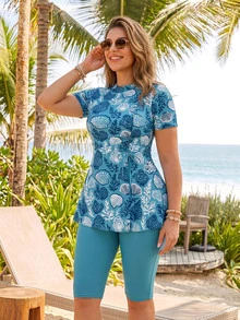 Swim Mulvari 2026 Spring/Summer New Plus Size Women Casual Vacation Random Shell Digital Print Beach Burkini Set - Blue - View 4