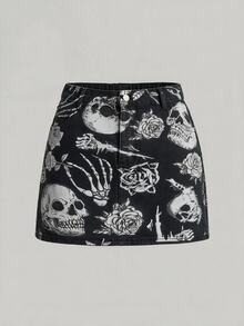 SHEIN ICON Plus Size Women's Skull Floral Print Casual Goth Cargo Baggy Denim Mini Skirt Halloween Party Club Holiday Beach Skirt Black Summer - Black - View 5
