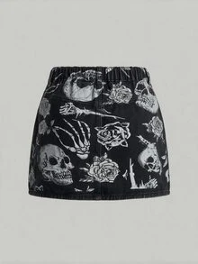 SHEIN ICON Plus Size Women's Skull Floral Print Casual Goth Cargo Baggy Denim Mini Skirt Halloween Party Club Holiday Beach Skirt Black Summer - Black - View 2