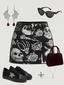 SHEIN ICON Plus Size Women's Skull Floral Print Casual Goth Cargo Baggy Denim Mini Skirt Halloween Party Club Holiday Beach Skirt Black Summer - Black - View 1