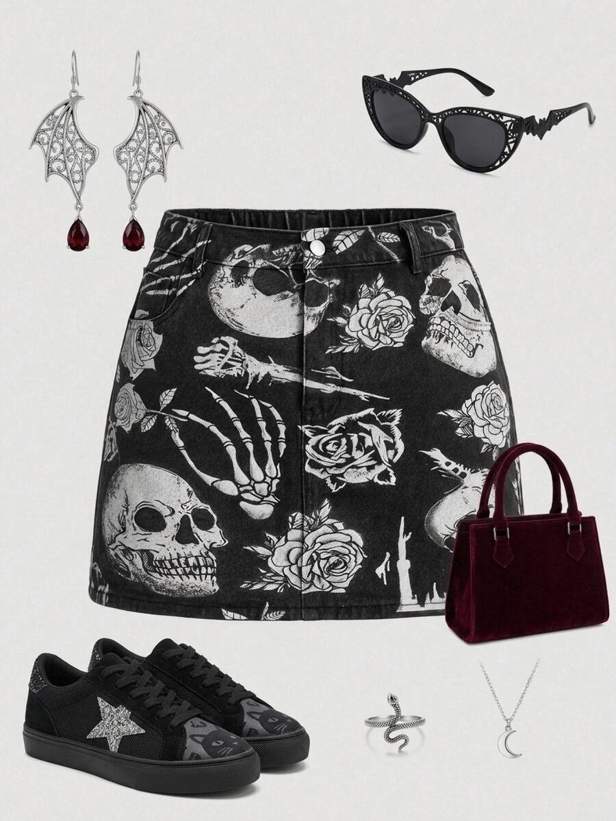 SHEIN ICON Plus Size Women's Skull Floral Print Casual Goth Cargo Baggy Denim Mini Skirt Halloween Party Club Holiday Beach Skirt Black Summer - Black - View 1