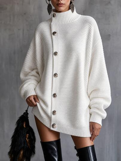 SHEIN Women's Semi-High Neck Lazy Long Cardigan, Chunky Knit Spring/Autumn/Winter Open Front Sweater, Pure White Wide Cardigan, Fashionable Casual Minimalist Versatile Lantern Sleeve Cardigan