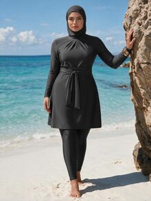 SHEIN Swim 3pcs Plus Size Women Swimwear Set: Long Sleeve Top, Long Pants, Swimcap - Black - View 1