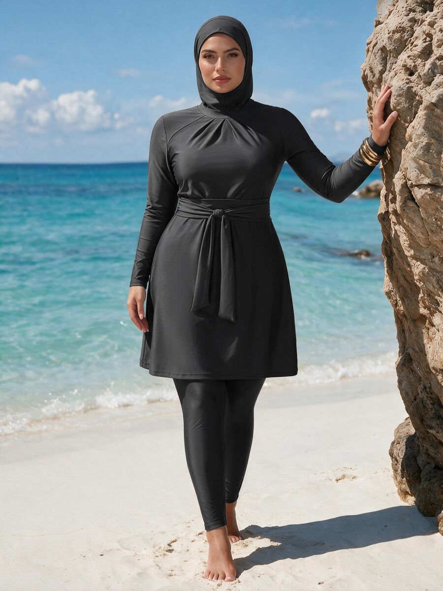SHEIN Swim 3pcs Plus Size Women Swimwear Set: Long Sleeve Top, Long Pants, Swimcap - Black - View 1