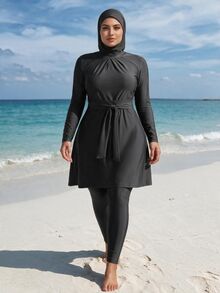 SHEIN Swim 3pcs Plus Size Women Swimwear Set: Long Sleeve Top, Long Pants, Swimcap - Black - View 7
