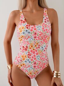 Swim Mod 女士花卉印花方领连体泳衣，适合游泳、度假、夏季海滩 - 彩色 - 查看 4