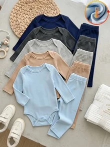Vintaside Kids 5件組幼兒男嬰緊身褲 可愛嬰兒藍、海軍藍、卡其色、灰色 素色彈性腰頭 加厚款 適合假期戶外秋季保暖慢跑基礎款 - 彩色 - 查看 1
