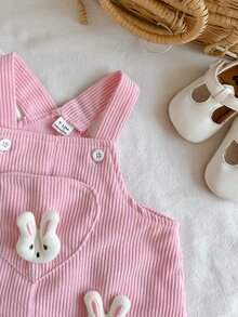 SHEIN Vintaside Kids 女嬰 2件組甜美兔裝飾燈芯絨無袖洋裝搭配蕾絲大領長袖襯衫 中厚度套裝 春秋派對穿著 - 粉色 - 查看 6