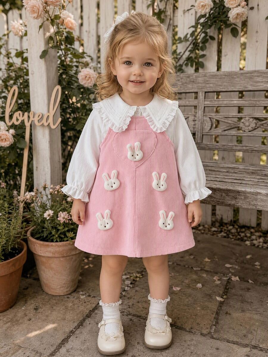 SHEIN Vintaside Kids 女嬰 2件組甜美兔裝飾燈芯絨無袖洋裝搭配蕾絲大領長袖襯衫 中厚度套裝 春秋派對穿著 - 粉色 - 查看 1