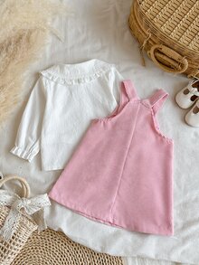 SHEIN Vintaside Kids 女嬰 2件組甜美兔裝飾燈芯絨無袖洋裝搭配蕾絲大領長袖襯衫 中厚度套裝 春秋派對穿著 - 粉色 - 查看 2