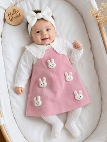 SHEIN Vintaside Kids 女嬰 2件組甜美兔裝飾燈芯絨無袖洋裝搭配蕾絲大領長袖襯衫 中厚度套裝 春秋派對穿著 - 粉色 - 查看 3