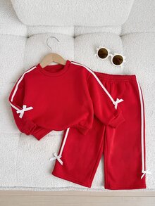 SHEIN 女嬰拼色拼接圓領運動衫與運動長褲時尚休閒套裝 - 紅色 - 查看 4