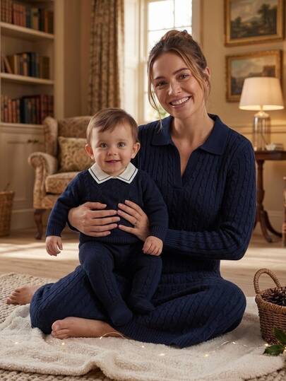 SHEIN Vintaside Kids Infant Fashion Gentleman Style See Through Cozy Sweater Set, Peter Pan Collar Long Sleeve Top, Newborn Footed Pants, Club Navy Blue Autumn