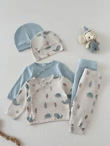 SHEIN Vintaside Kids Newborn Baby Round Neck Long Sleeve Top And Pants Casual Daily Outfit - Multicolor - View 8