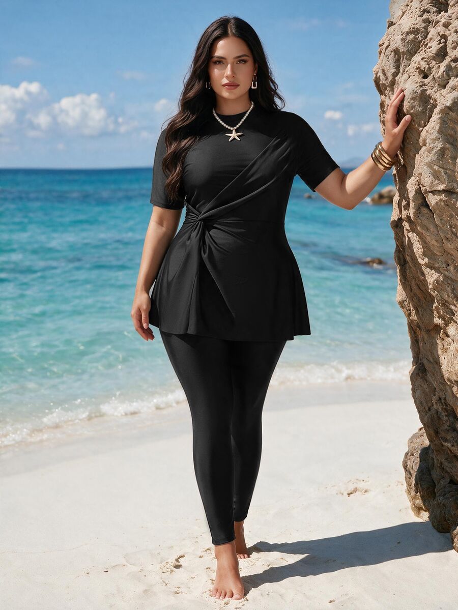SHEIN Swim Plus Size Women 2pcs Black Modest Swimwear Set,Short Sleeve Twist Front Top With Pants For Full Coverage,Middle East Summer Bali Beach Surfing Sun - Black - View 1