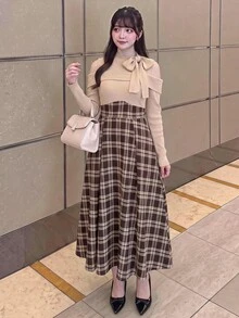 Bijouette 大尺碼女款優雅連身裙，打結領口、露肩長袖與拼接格紋設計，秋季款 - 彩色 - 查看 8