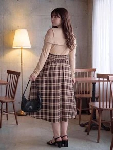 Bijouette 大尺碼女款優雅連身裙，打結領口、露肩長袖與拼接格紋設計，秋季款 - 彩色 - 查看 3