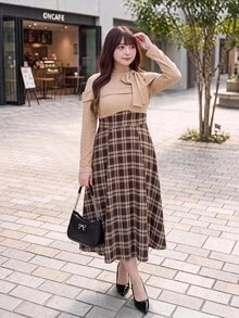 Bijouette 大尺碼女款優雅連身裙，打結領口、露肩長袖與拼接格紋設計，秋季款 - 彩色 - 查看 4
