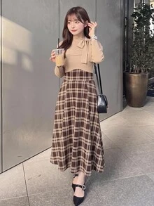 Bijouette 大尺碼女款優雅連身裙，打結領口、露肩長袖與拼接格紋設計，秋季款 - 彩色 - 查看 16