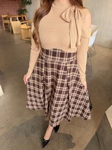 Bijouette 大尺碼女款優雅連身裙，打結領口、露肩長袖與拼接格紋設計，秋季款 - 彩色 - 查看 12