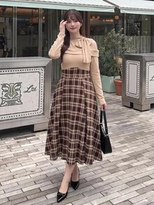 Bijouette 大尺碼女款優雅連身裙，打結領口、露肩長袖與拼接格紋設計，秋季款 - 彩色 - 查看 18